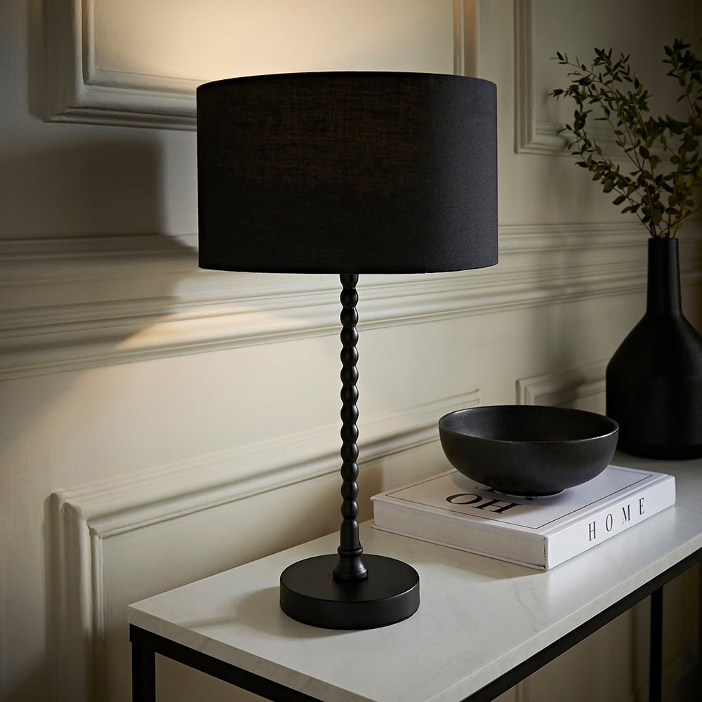 ValueLights Maeve Black Fabric Drum Shade Bobbin Bobble Table Lamp and Bulb Image 6