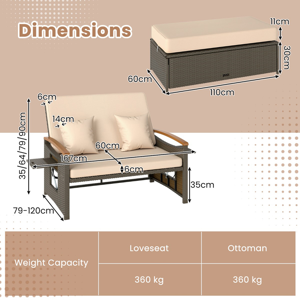 Costway 2 Seater Rattan Woven Daybed with Storage Ottoman Image 9