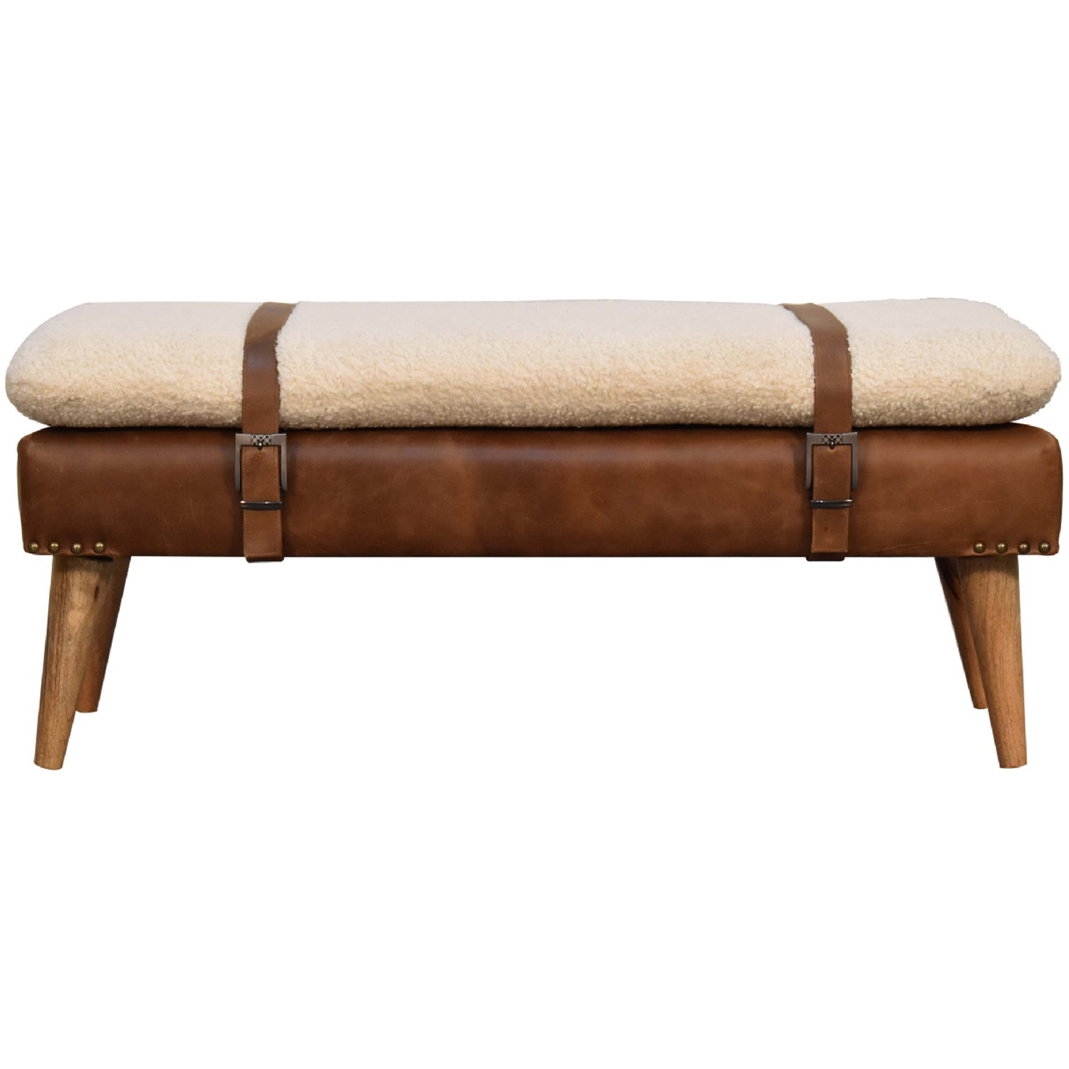 Artisan Furniture Brown and Cream Boucle Buffalo Hide Leather Upholstered Bench Image 2