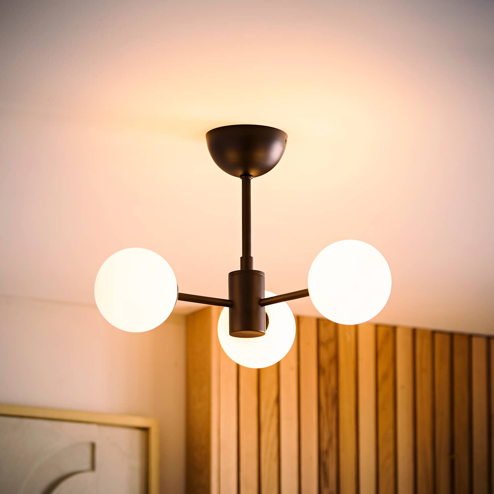 ValueLights Marlow 3 Arm Globe Matte Black LED Semi-Flush Ceiling Light with Bulb Image 2