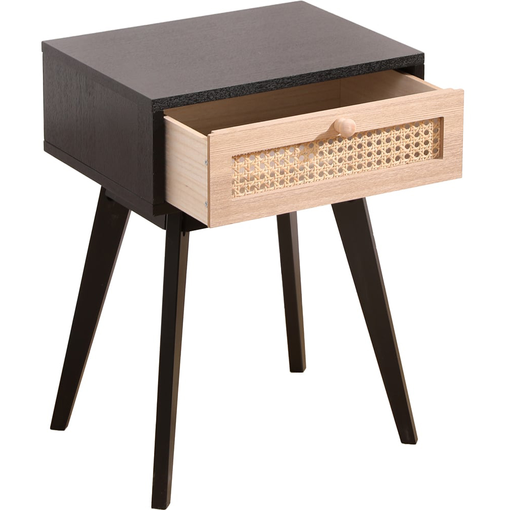 FurnitureHMD Single Drawer Black and Natural Rattan Weaving Side Table with Pine Wood Legs Image 2