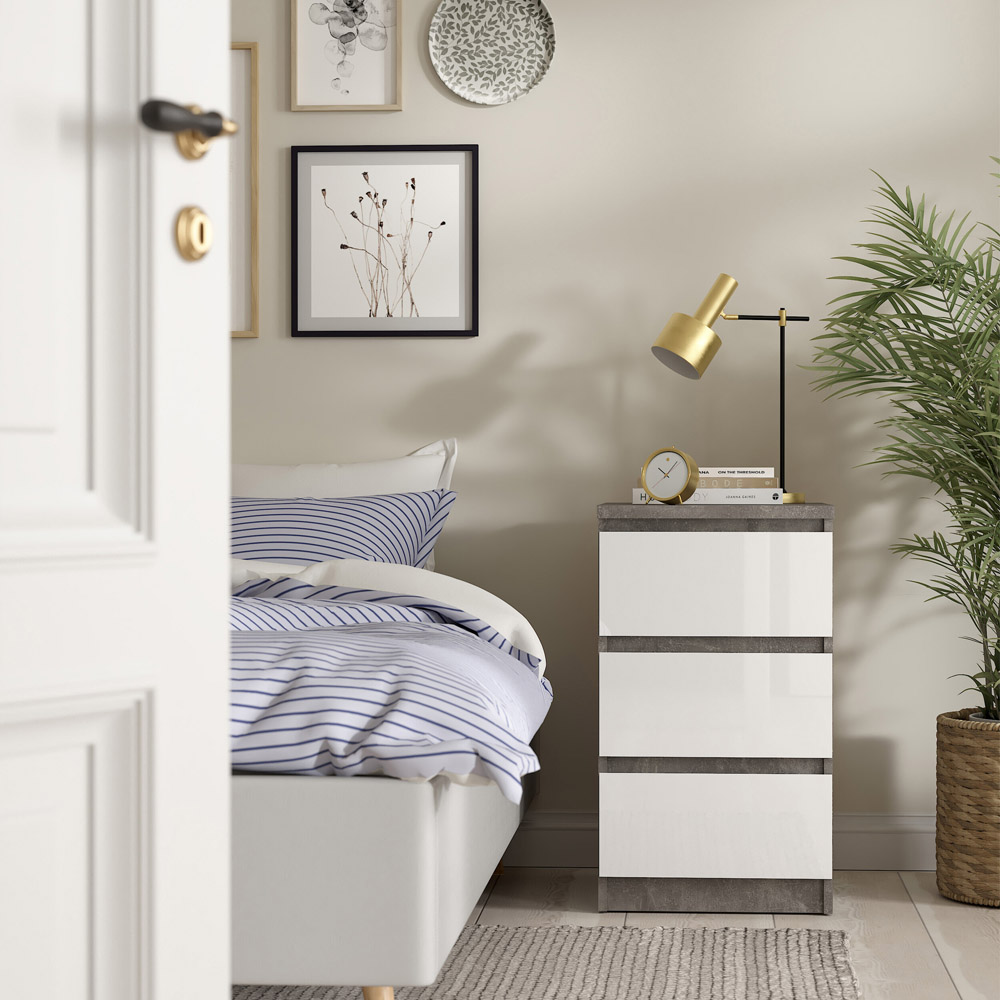Florence 3 Drawer Concrete and White High Gloss Bedside Table Image 6