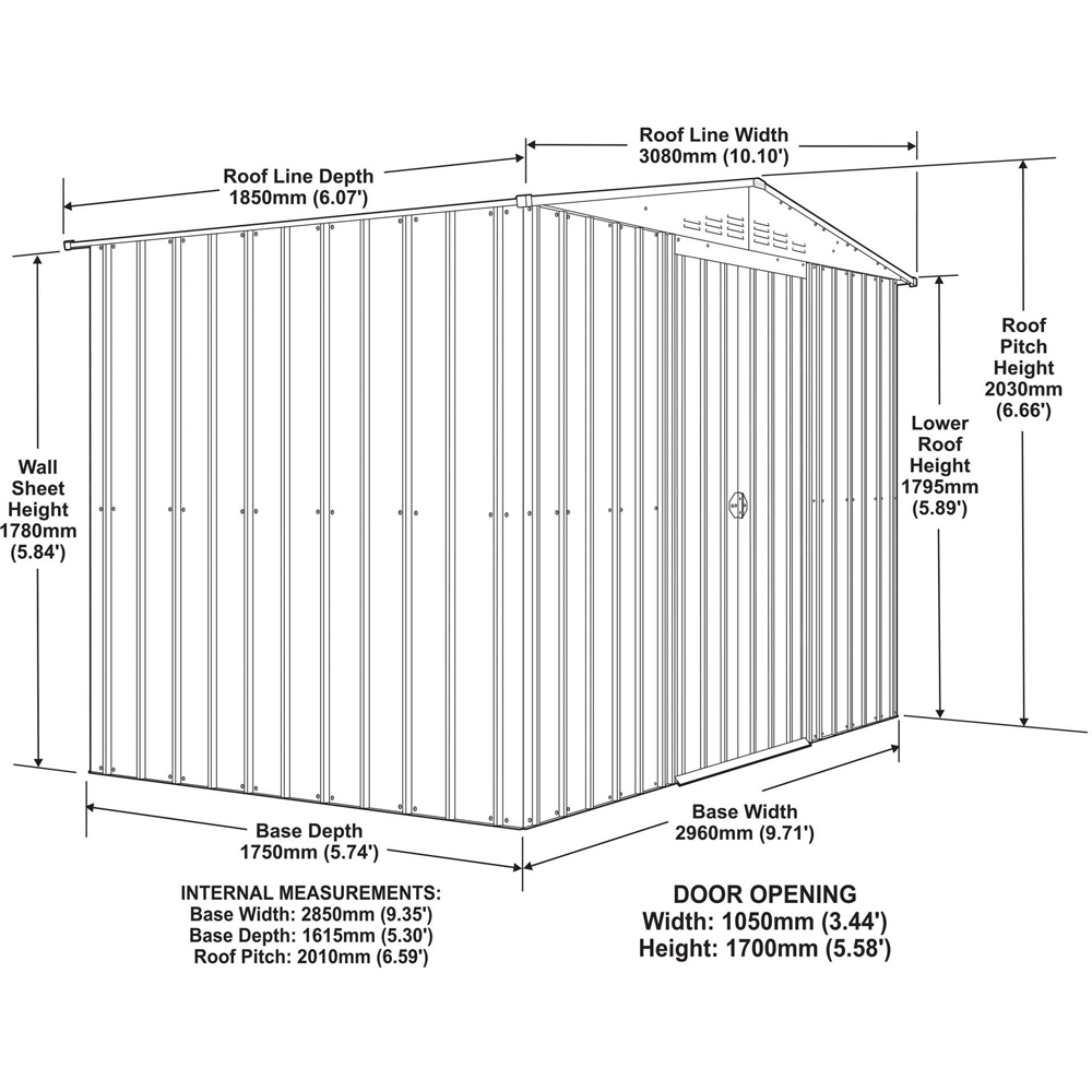 Globel 10 x 6ft 2 Door Grey Metal Apex Garden Shed Image 9