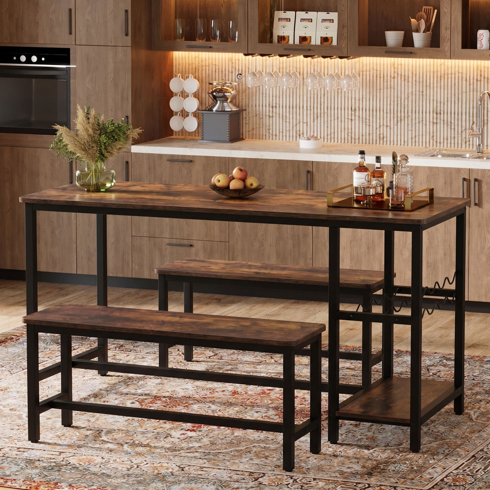 Abrihome 4 Seater Outdoor Dining Bench Set with Shelf and Wine Rack Brown Image 4