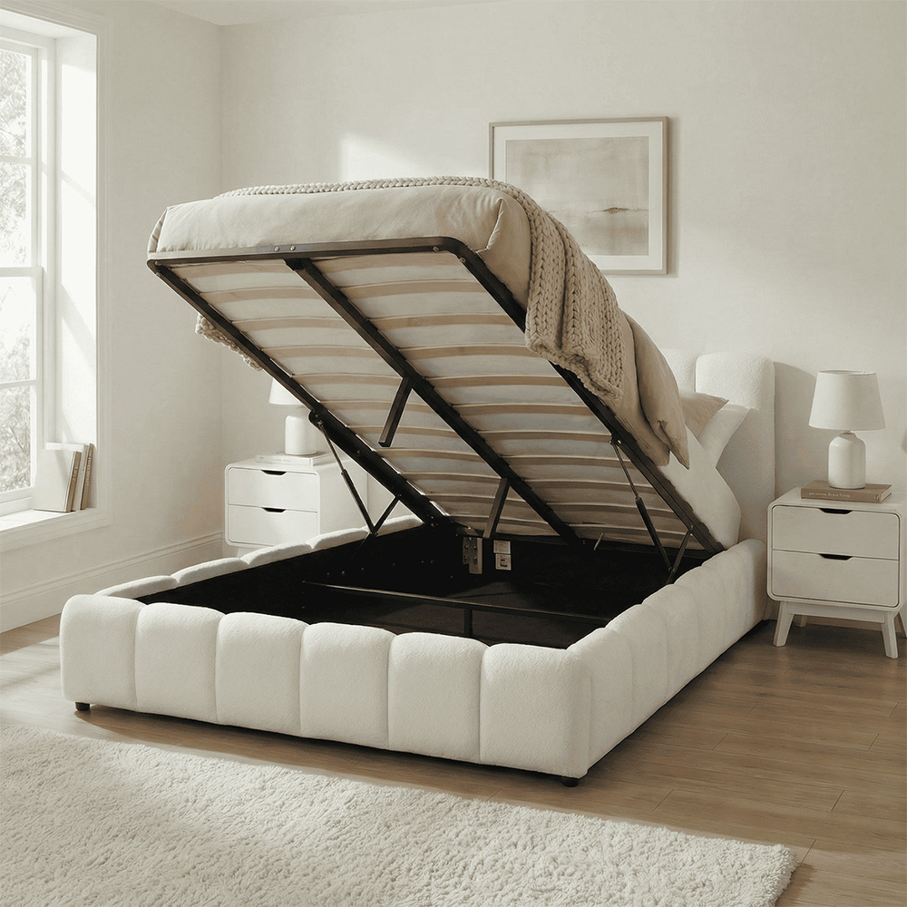 Home Source Bubble King Size White Textured Velvet Lift-Up Ottoman Bed with Fluted Headboard Image 6