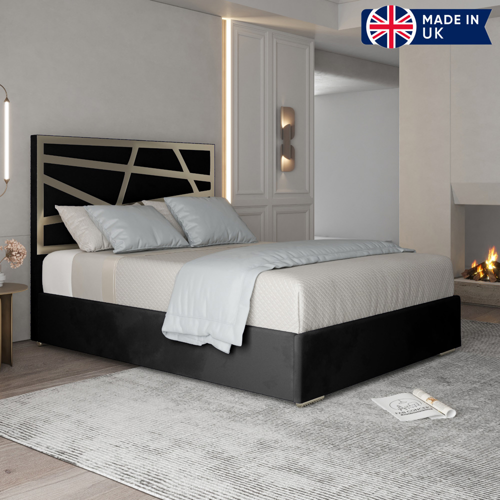 Arabella Black Super King Size Velvet Upholstered Metal Bed Frame with Panelled Headboard Image 6