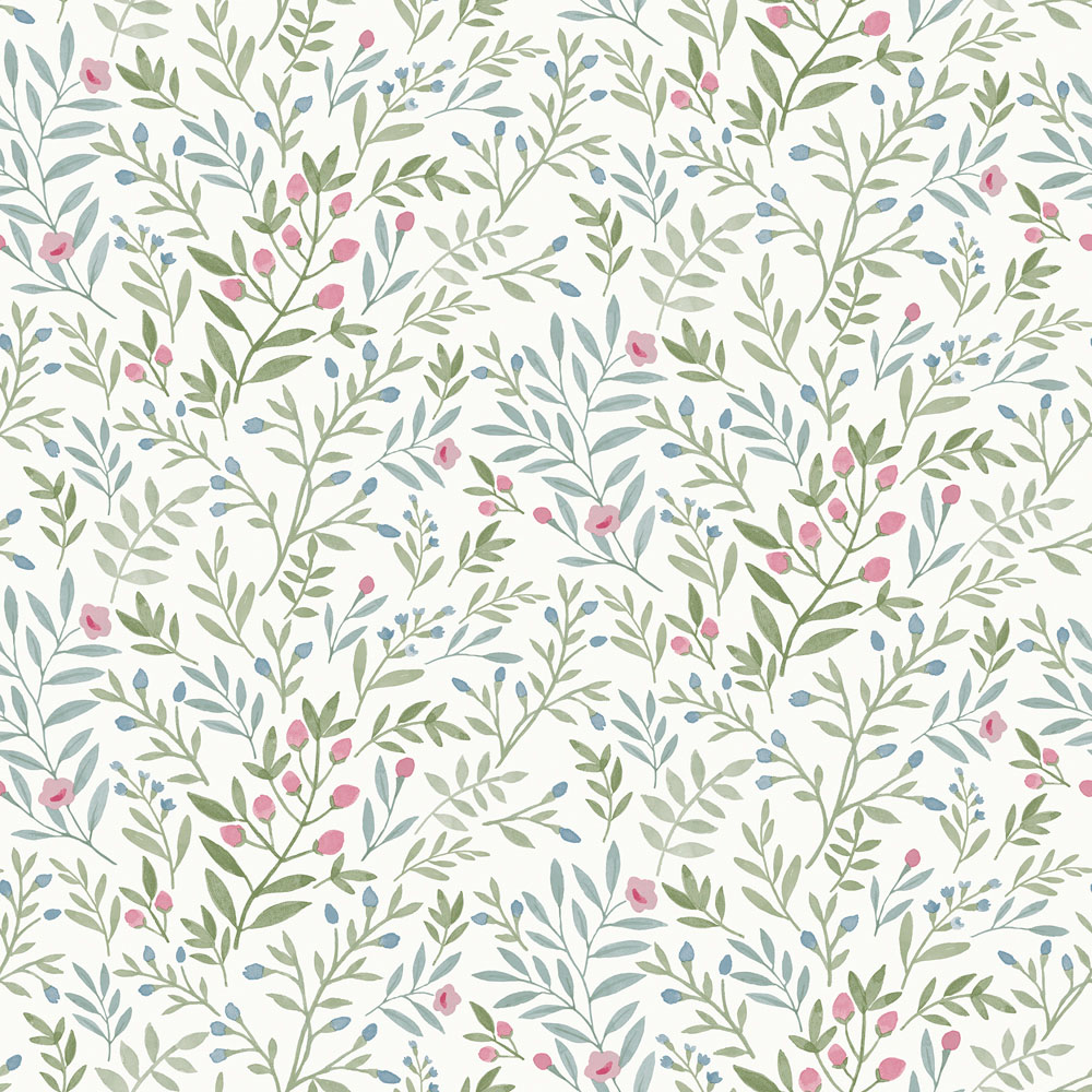 Grandeco Inia Leafy Trail Foliage and Flowers Textured Blue and Green Wallpaper Image 3