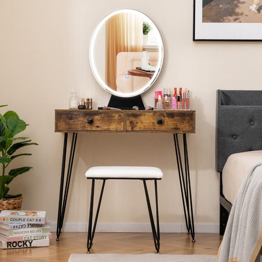 Costway Rustic Brown Vanity Desk Set with LED Mirror and Cushioned Stool Image 7