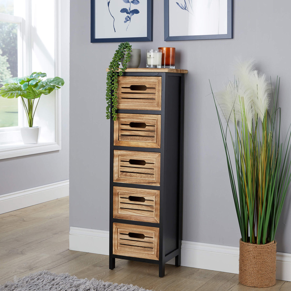 Home Source Mostyn 5 Drawer Black and Oak Effect Solid Wooden Storage Unit Image 5