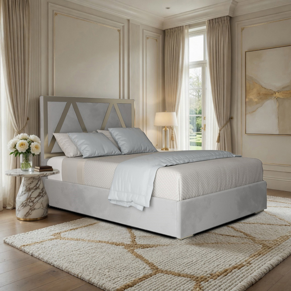 Alison Grey Single Velvet Upholstered Metal Bed Frame with Panelled Headboard Image 5