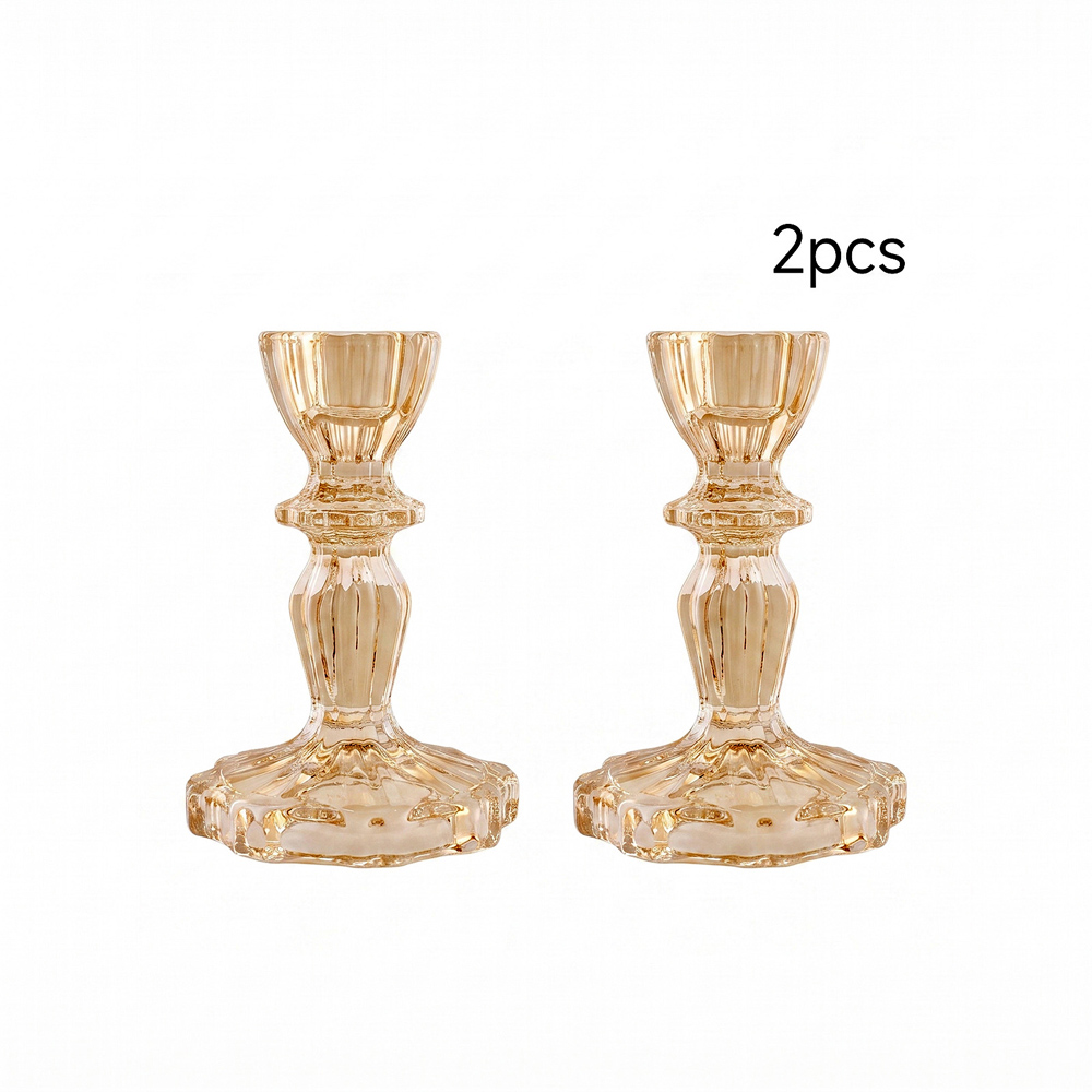 Living and Home Amber Glass Wide Base Candlestick Holder Set of 2 Image 3