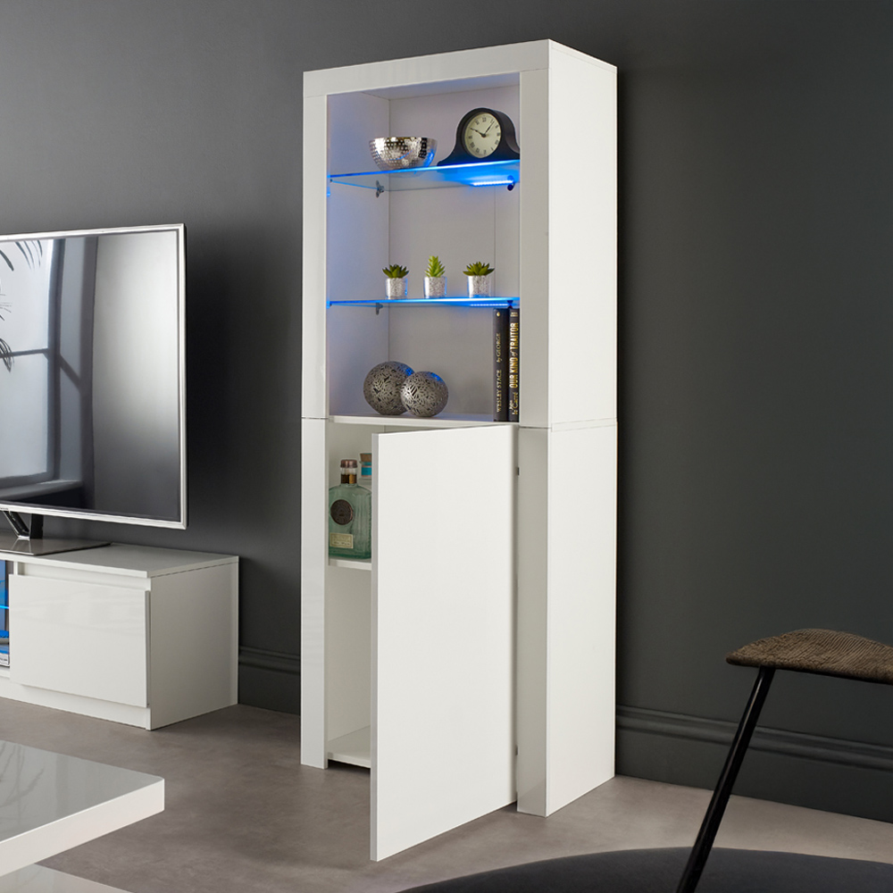 MMT Furniture Designs Single Door 3 Shelf Matt Gloss White Modern Buffet Cabinet with LED Image 4