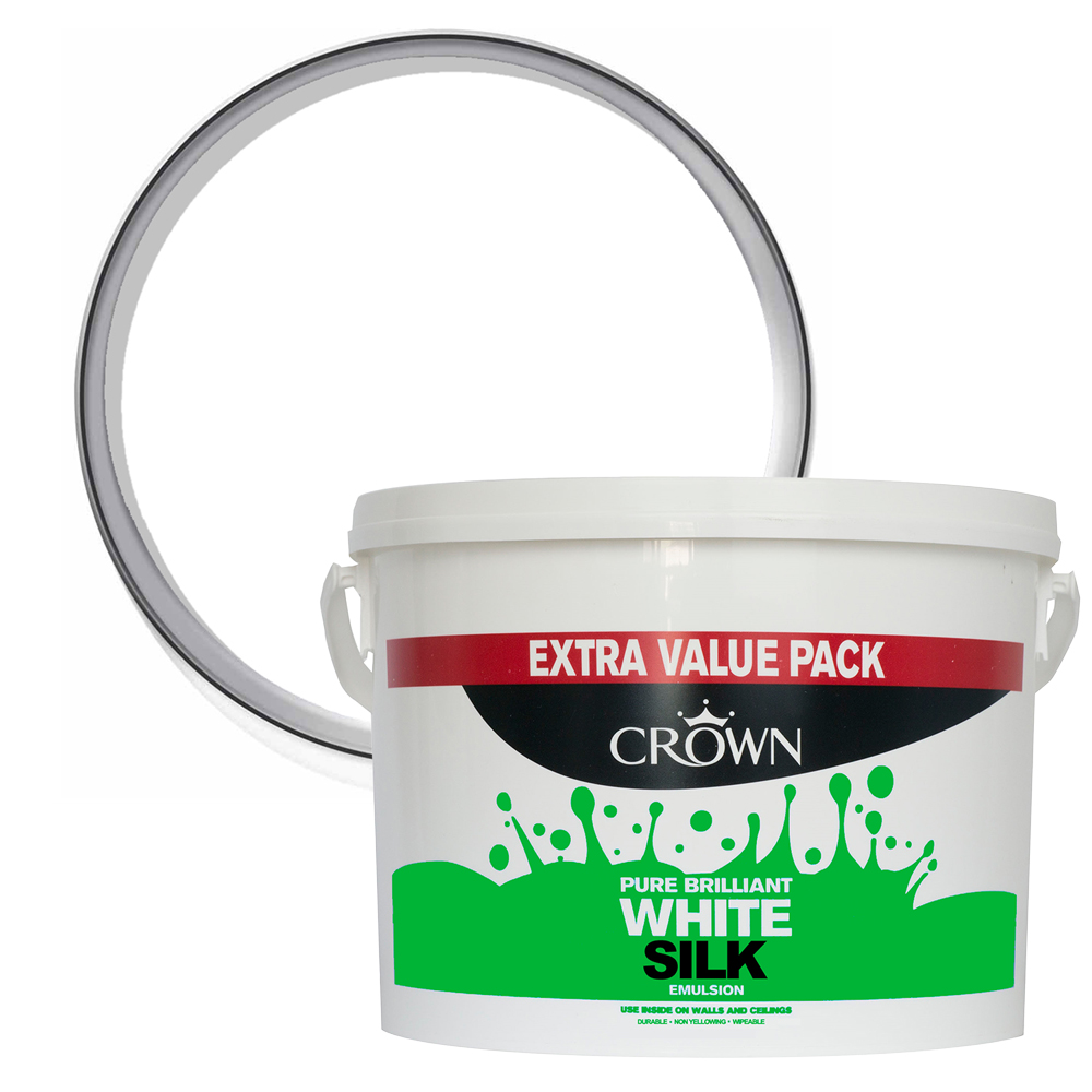 Crown Walls & Ceilings Pure Brilliant White Standard Silk Emulsion Paint 7.5L Image 1