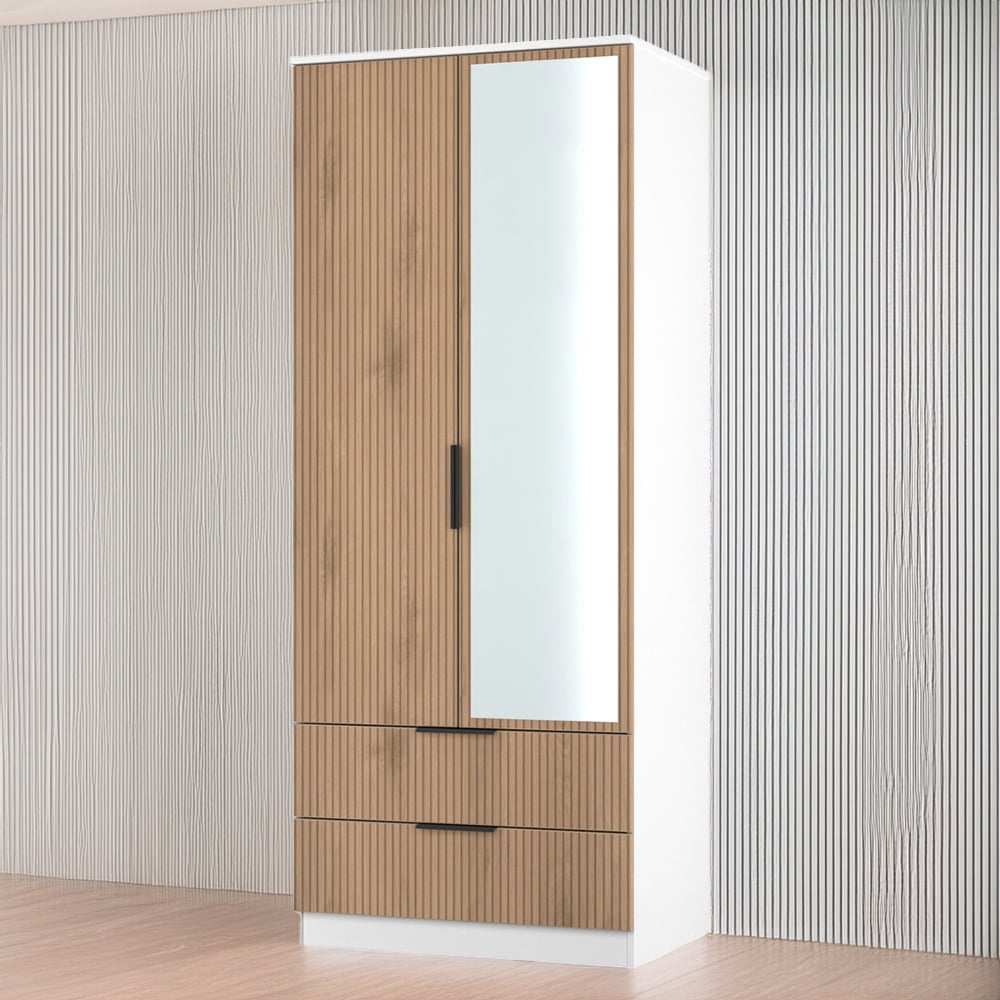 Crowndale Java 2 Door 2 Drawer Slatt Effect and White Mirror Wardrobe Image 1