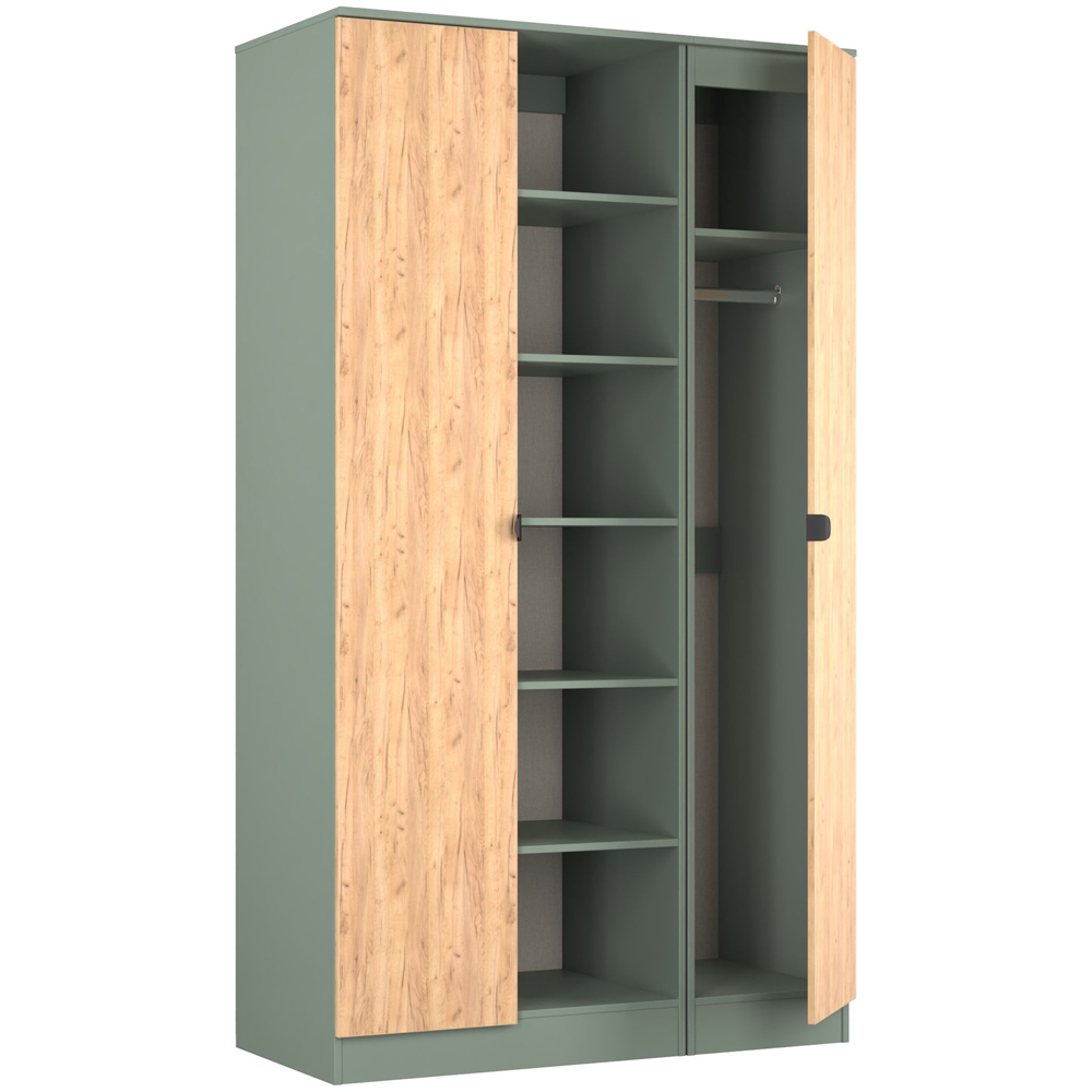Crowndale Bora 2 Door 6 Shelf Gold Oak and Reed Green Triple Wardrobe Image 5