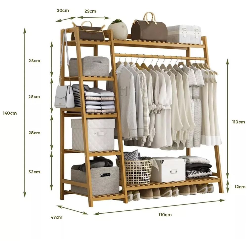 Modcraft 7 Shelf Bamboo Clothes Storage Rack with Hanging Rail Image 3