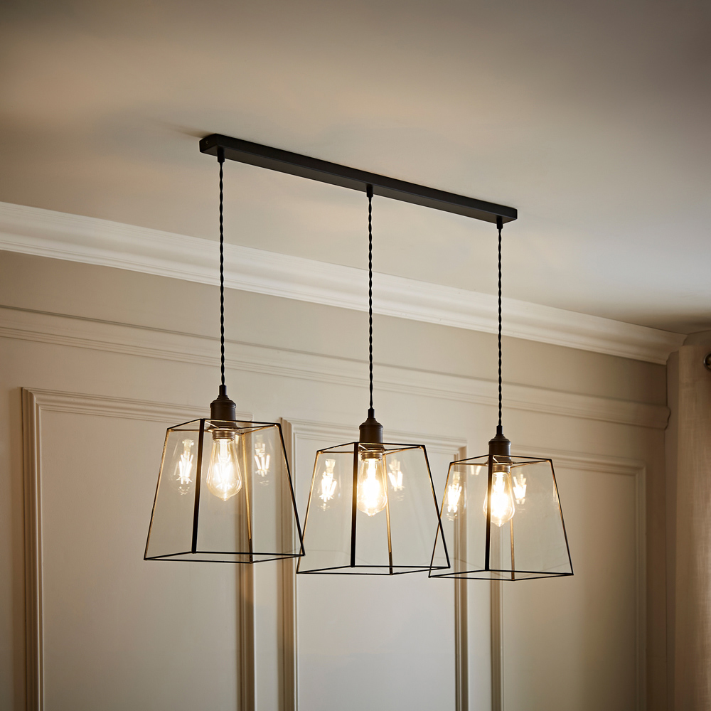 ValueLights Susie Glass Lantern 3 Drop Matte Black Diner LED Ceiling Pendant Light Image 2