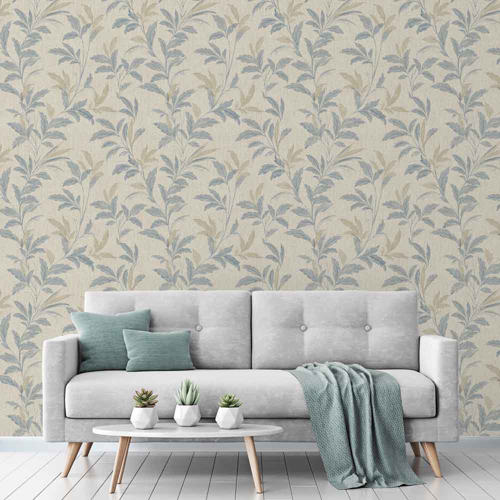 Grandeco Organic Leaf Trail Linen Textured Neutral and Blue Wallpaper Image 2