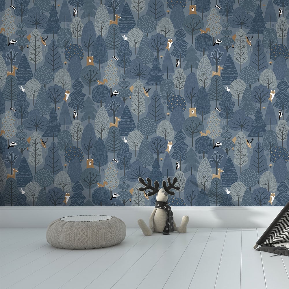Muriva Wild Wood Navy Blue Wallpaper Image 2