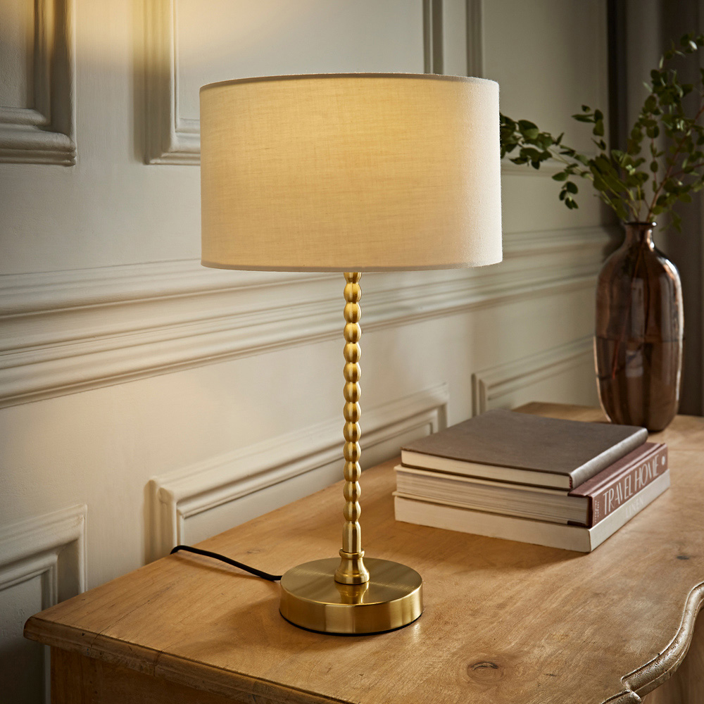 ValueLights Maeve Cream and Gold Drum Shade Bobbin Bobble Table Lamp and LED Bulb Image 2