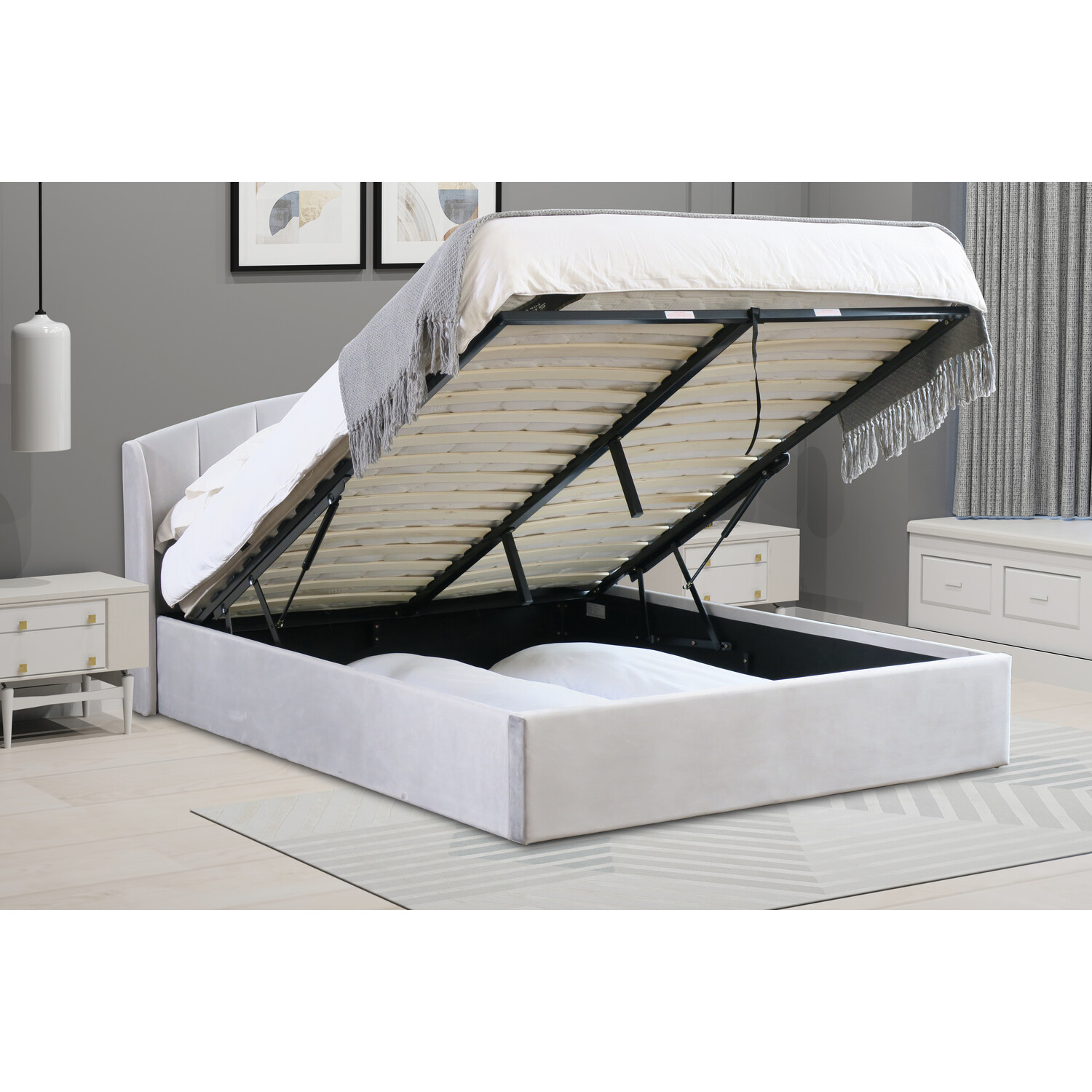 Grace King Size Grey Velvet Touch Ottoman Bed Image 8