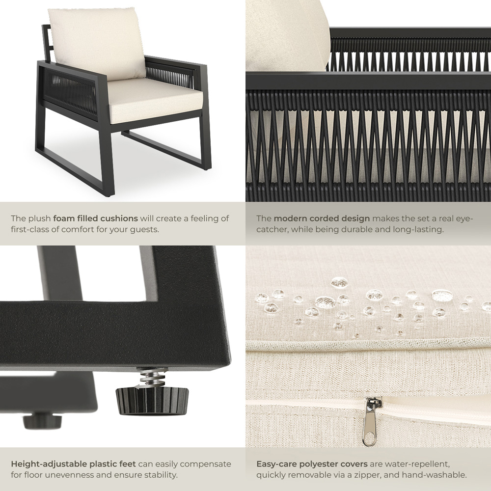 tectake Capri Corded Design Garden Armchair with Cushion Set of 2 Image 5