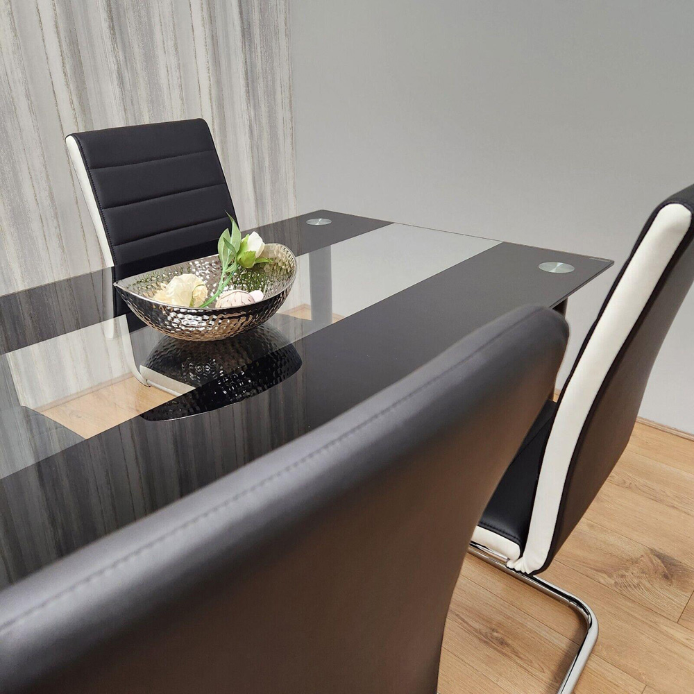 Portland Glass 4 Seater Leather Dining Set Black and White Image 3