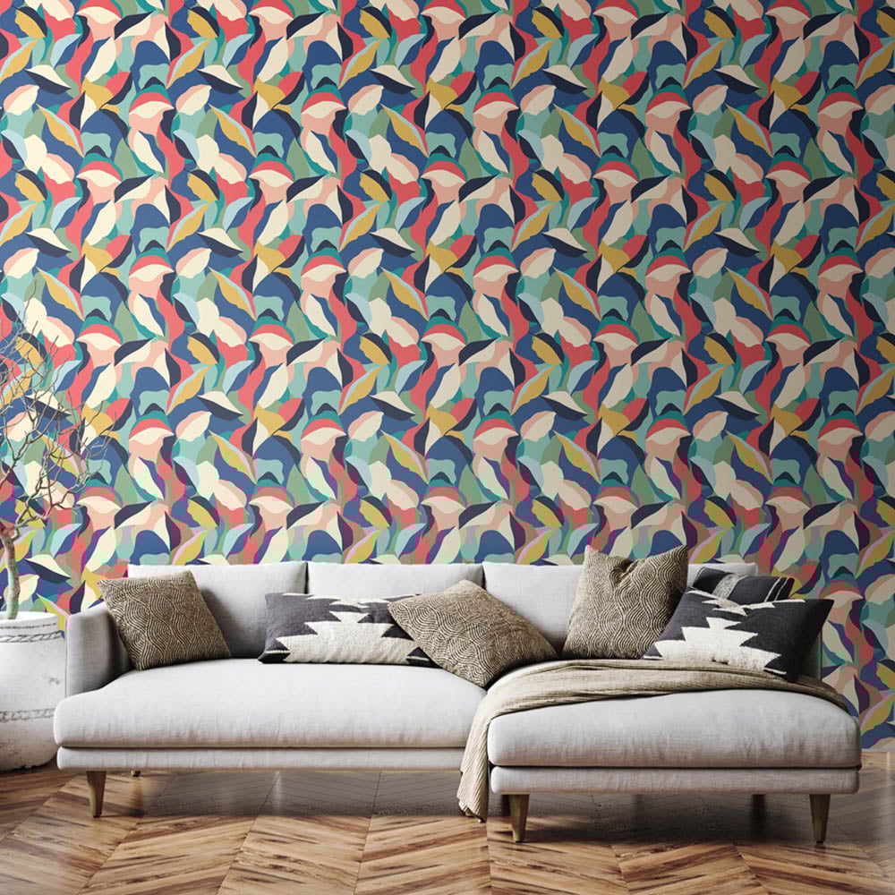 Hoopla Walls Leafy Patchwork Navy Twist Non Woven Wallpaper Image 2