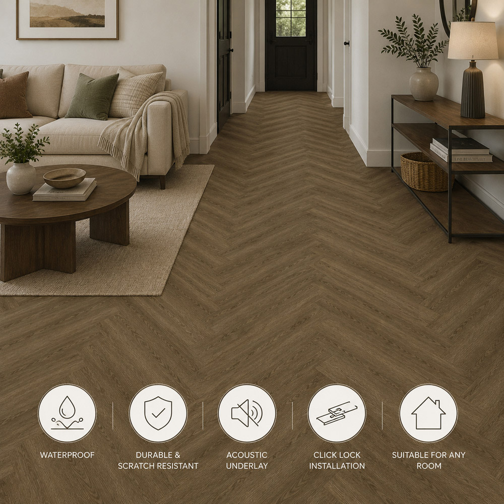 Britwall Chestnut Oak Herringbone Wood-Embossed SPC Vinyl Flooring 625 x 125mm 20 Pack Image 4