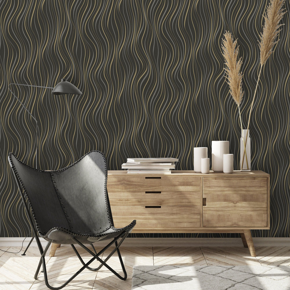 Grandeco Line-Up Wave Stripe Blown Vinyl Textured Black Wallpaper Image 2