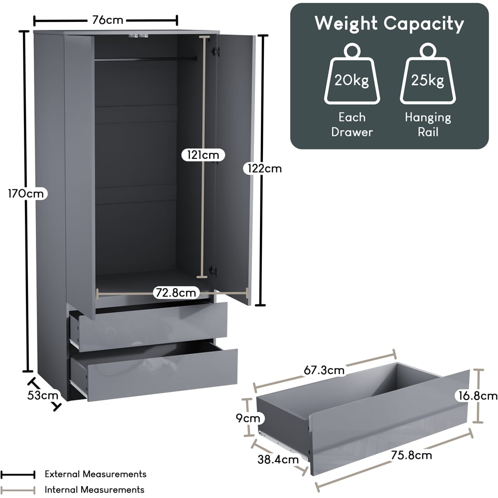 Vida Designs Glinton 2 Door 2 Drawer Grey Wardrobe Image 9
