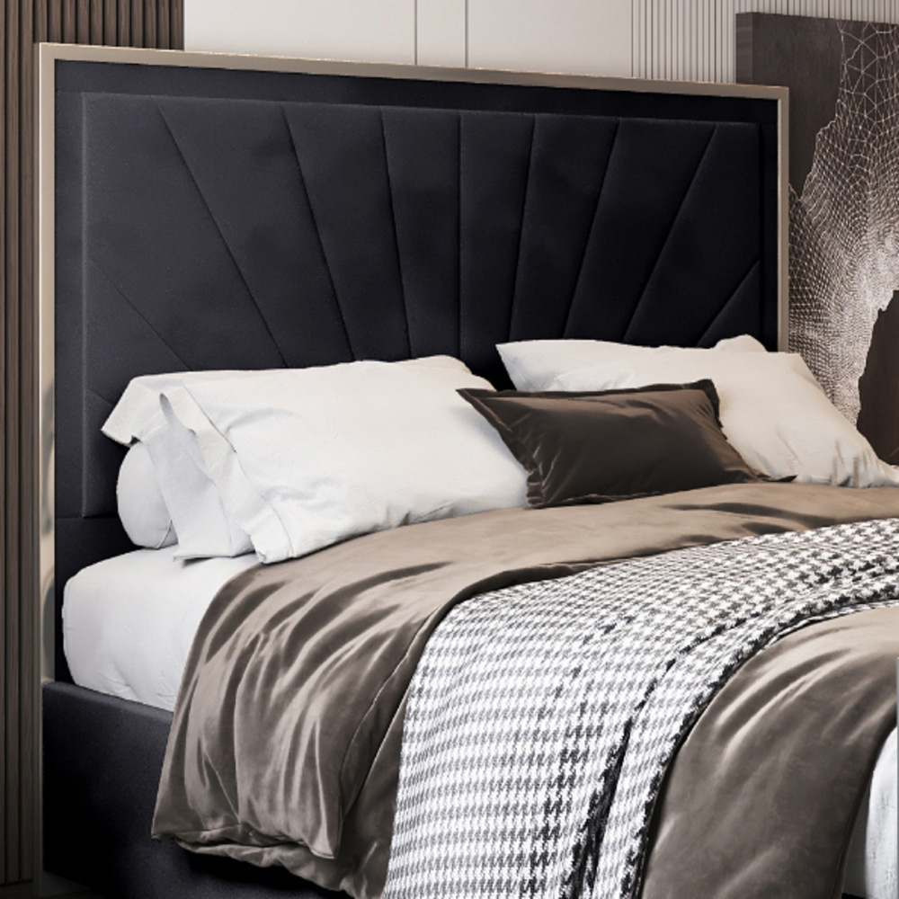 Roxy Double Black Soft Velvet Upholstered Metal Bed Frame with Chevron Headboard Image 3