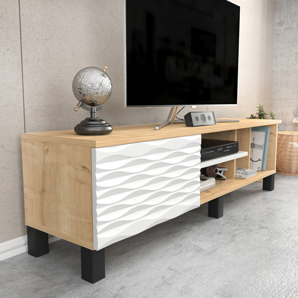 Decorotika Olyo Single Door 4 Shelf Oak and White TV Unit Image 3