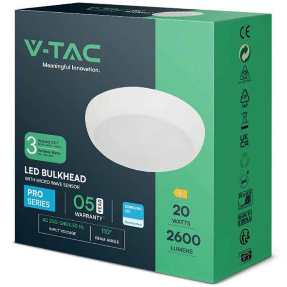 V-TAC All in One White Round CCT and Wattage Switchable Bulkhead Light with Emergency Image 3