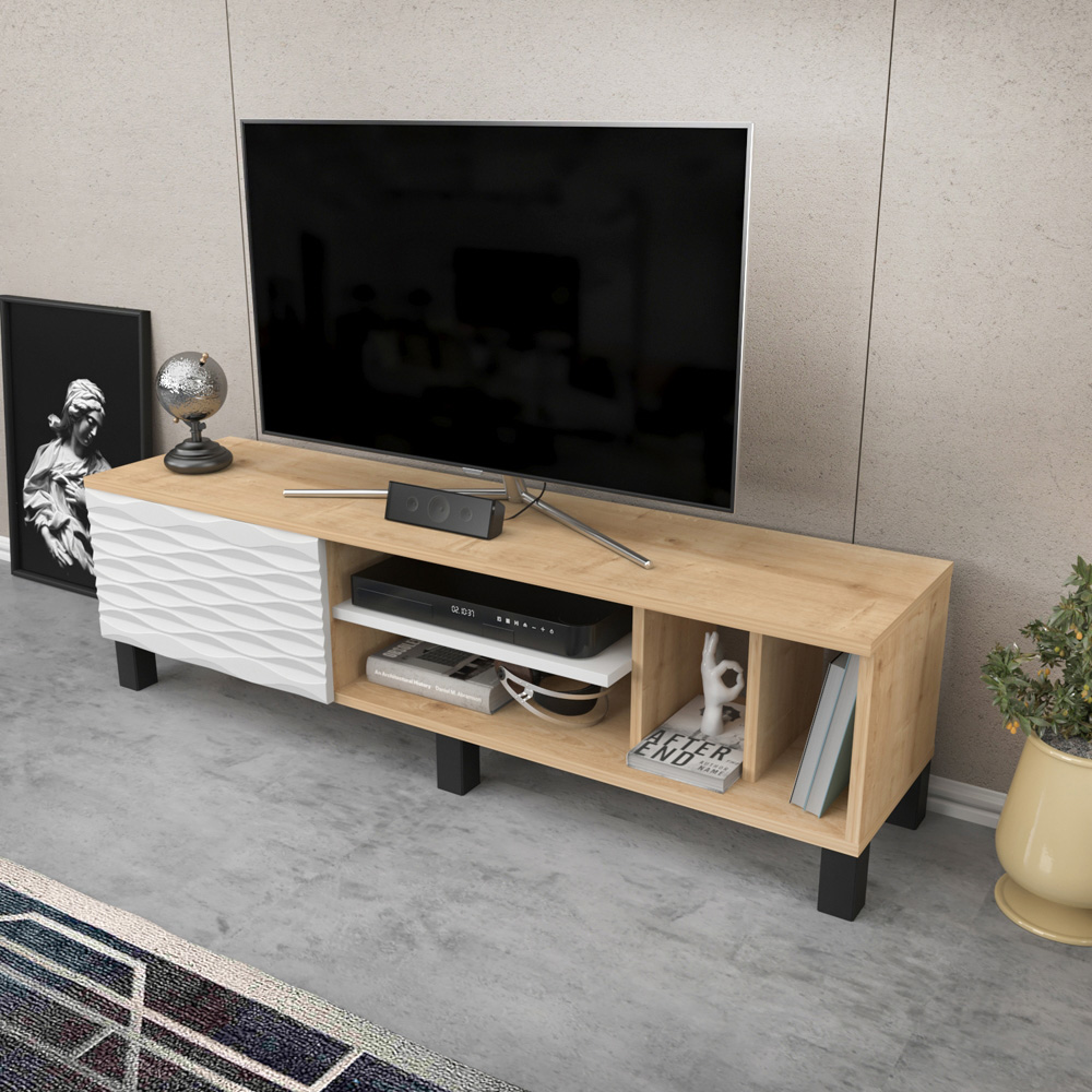 Decorotika Olyo Single Door 4 Shelf Oak and White TV Unit Image 4