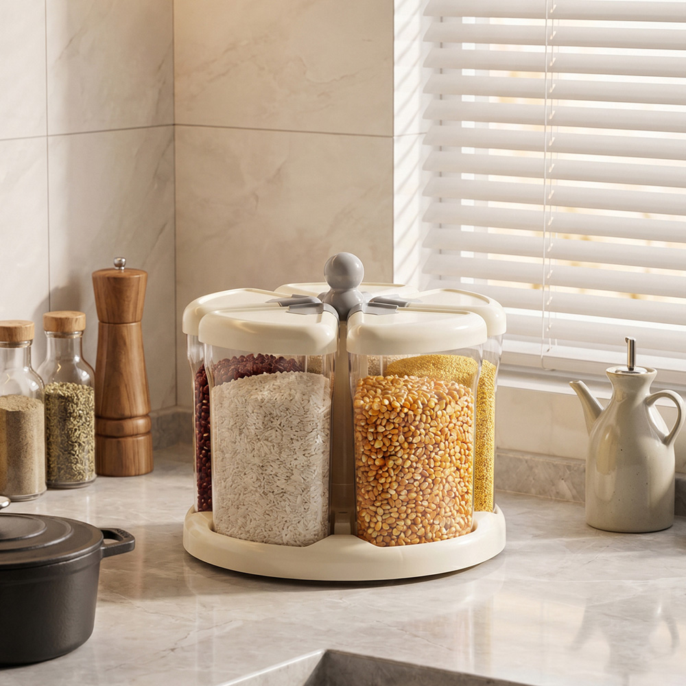 Living and Home Grey and Cream White 5 Container 360 Rotating Grain Dispenser Image 2
