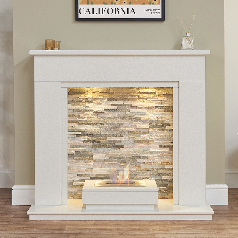 Acantha Amalfi White Marble Fireplace with Downlights and Altea Bio Ethanol Burner 48 inch Image 2