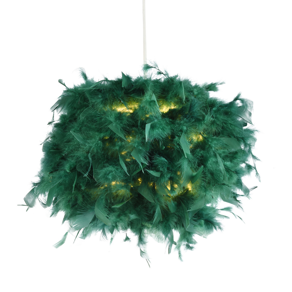 Happy Homewares Forest Green Feather Decorated Pendant Shade Small Image 2