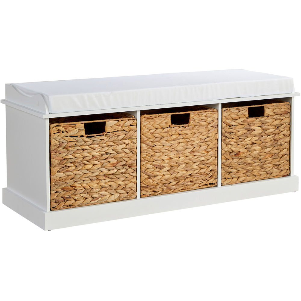 Home Source Lapworth 3 Basket Drawer White Storage Bench with Padded Cushioned Top Image 2
