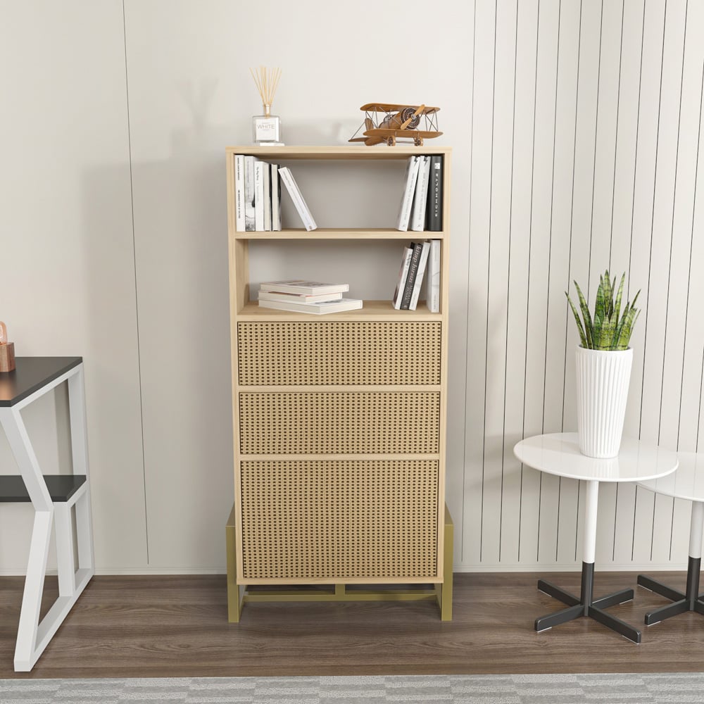 Decorotika Utopie 3 Door 2 Shelf Oak and Rattan Modern Bookshelf Image 6