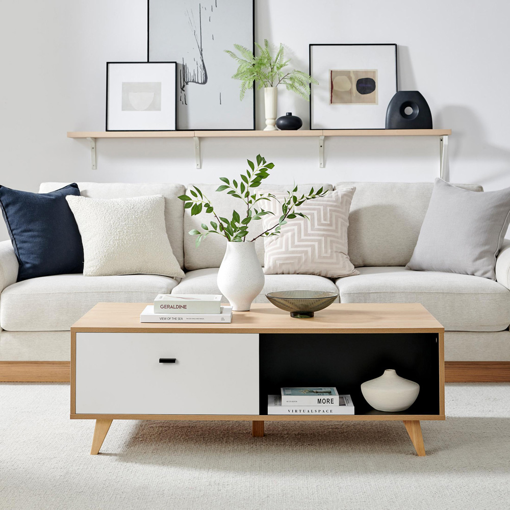 Furniturebox Billet 2 Drawer 2 Shelf Off White and Wood Effect Coffee Table Image 6