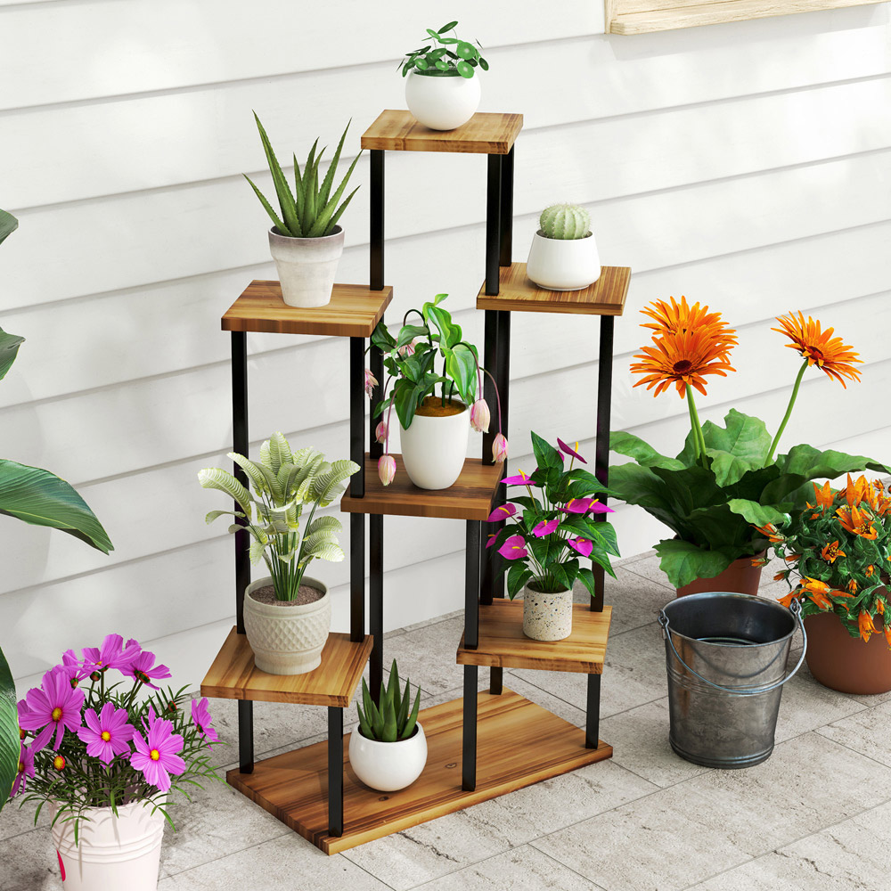 Outsunny 7 Tier Black and Natural Garden Plant Stand Image 4