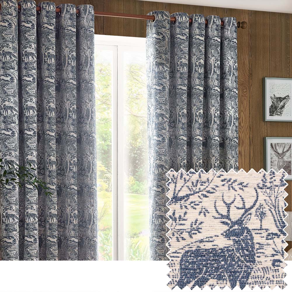 furn. Winter Woods Midnight Animal Chenille Eyelet Curtains 229 x 137cm Image 2
