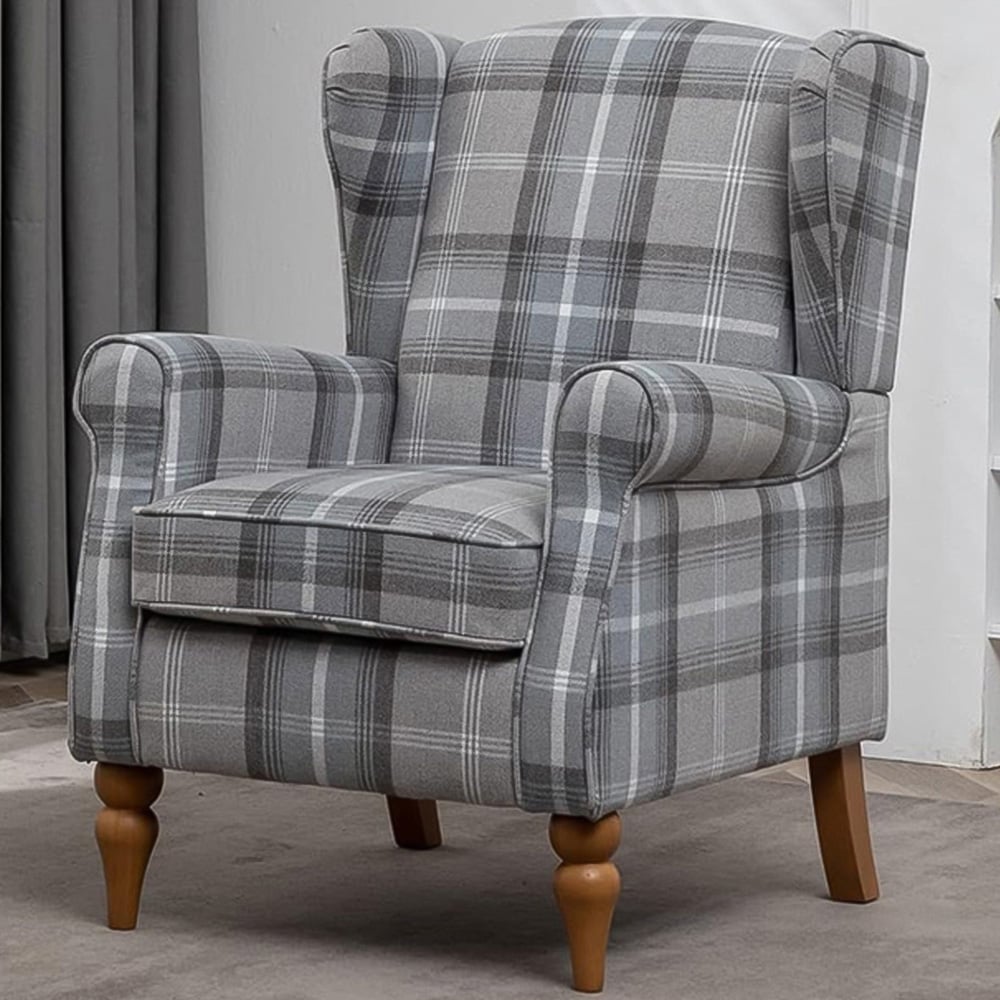 Furniture One Grey Check Fabric Wing Back Fireside Armchair Image 1