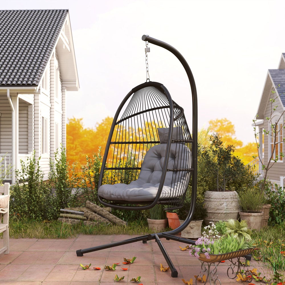 Outsunny Dark Grey Rattan Hanging Egg Chair with Stand and Cushion Image 3