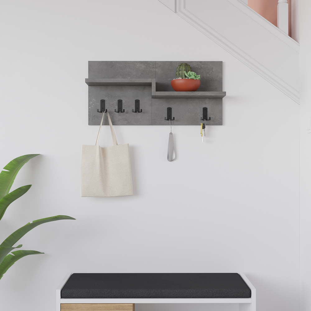 Decortie Harmon Single Shelf Retro Grey 5 Hook Wall Hanger Image 4
