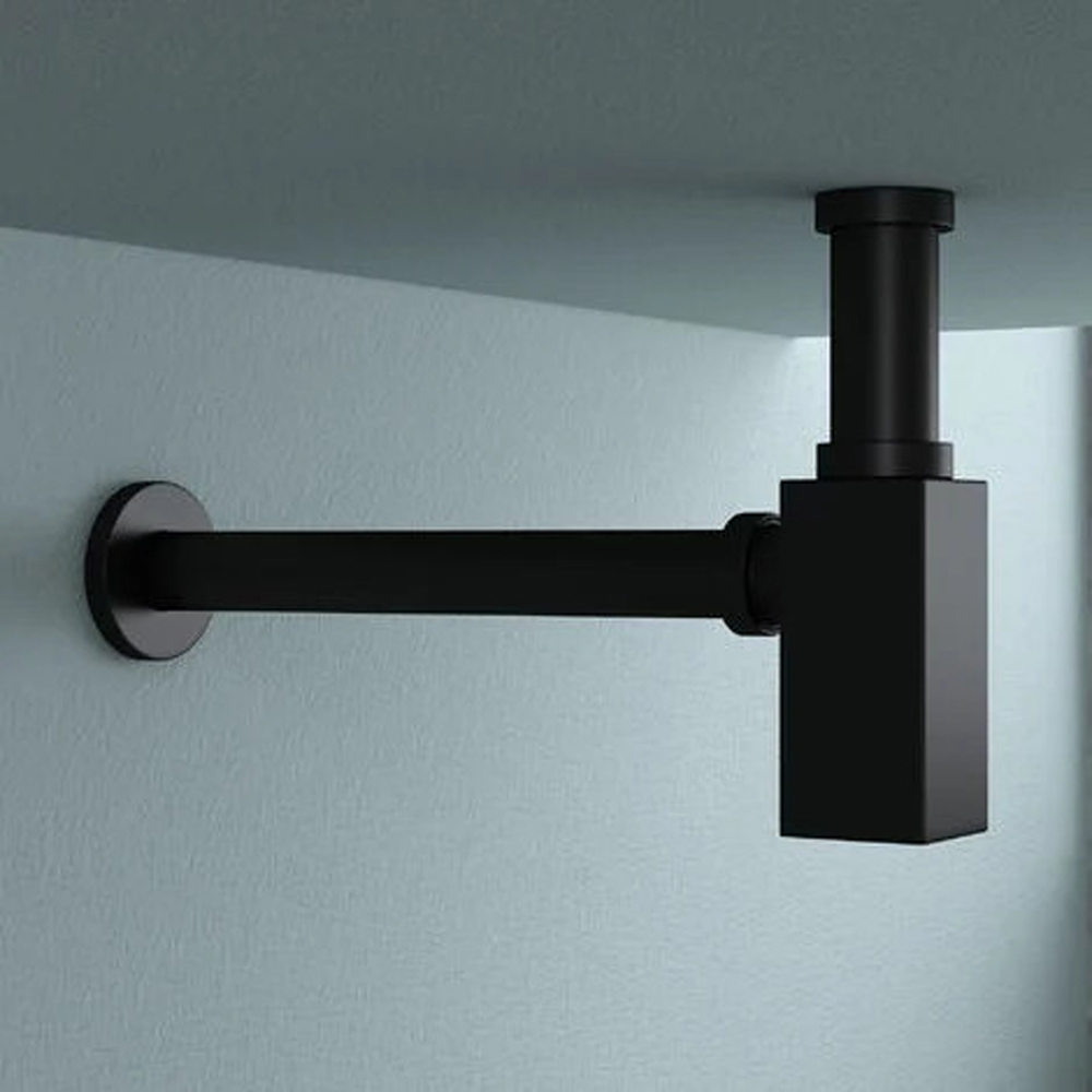 Nes Home Matte Black Square Bathroom Basin Bottle Trap with Outlet Pipe Image 2