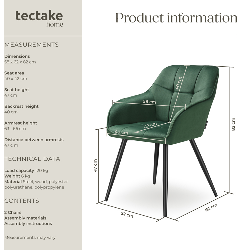 tectake Marilyn Set of 2 Dark Green and Black Quilted Velvet Dining Chair Image 9