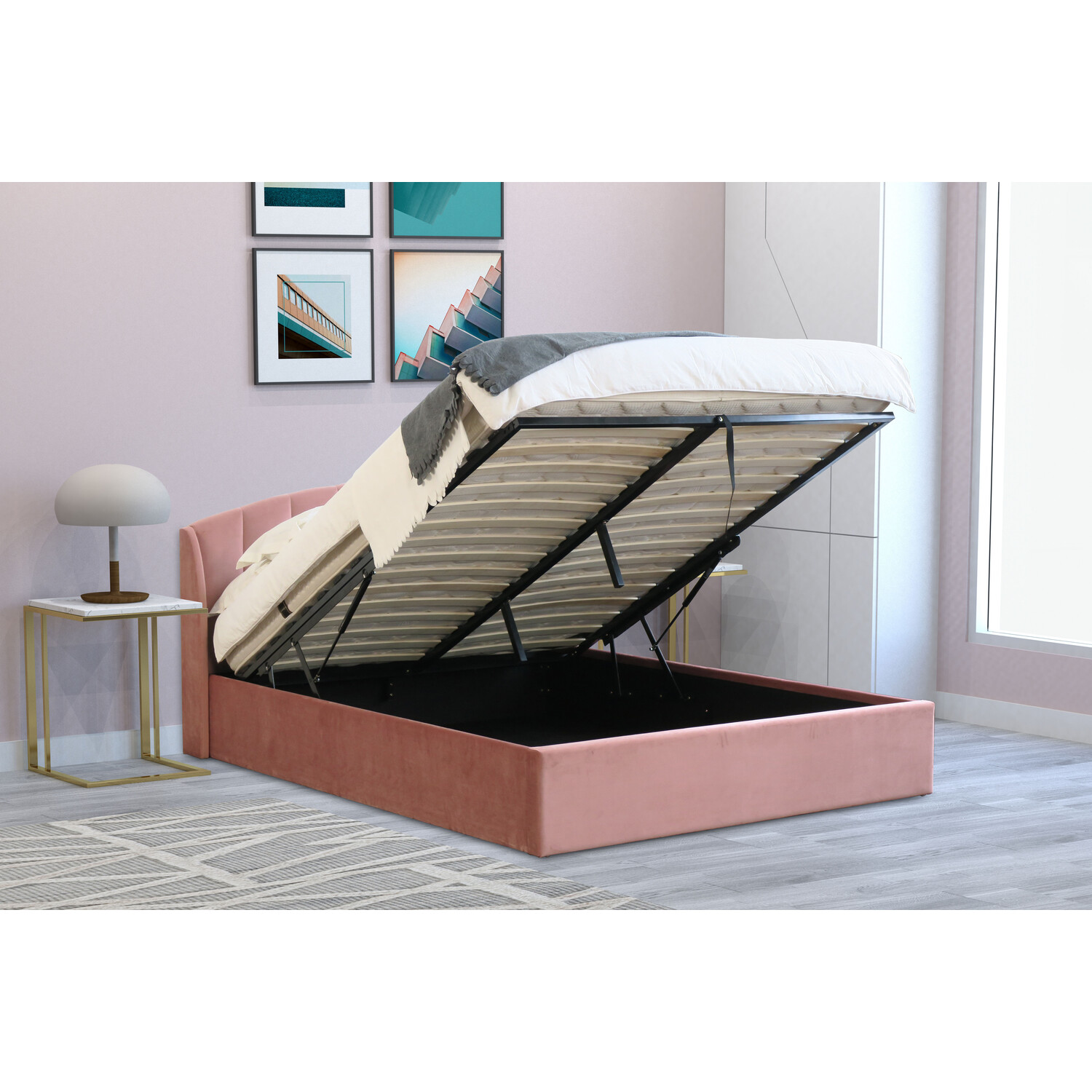 Grace Super King Blush Velvet EffectOttoman Storage Bed Frame Image 4