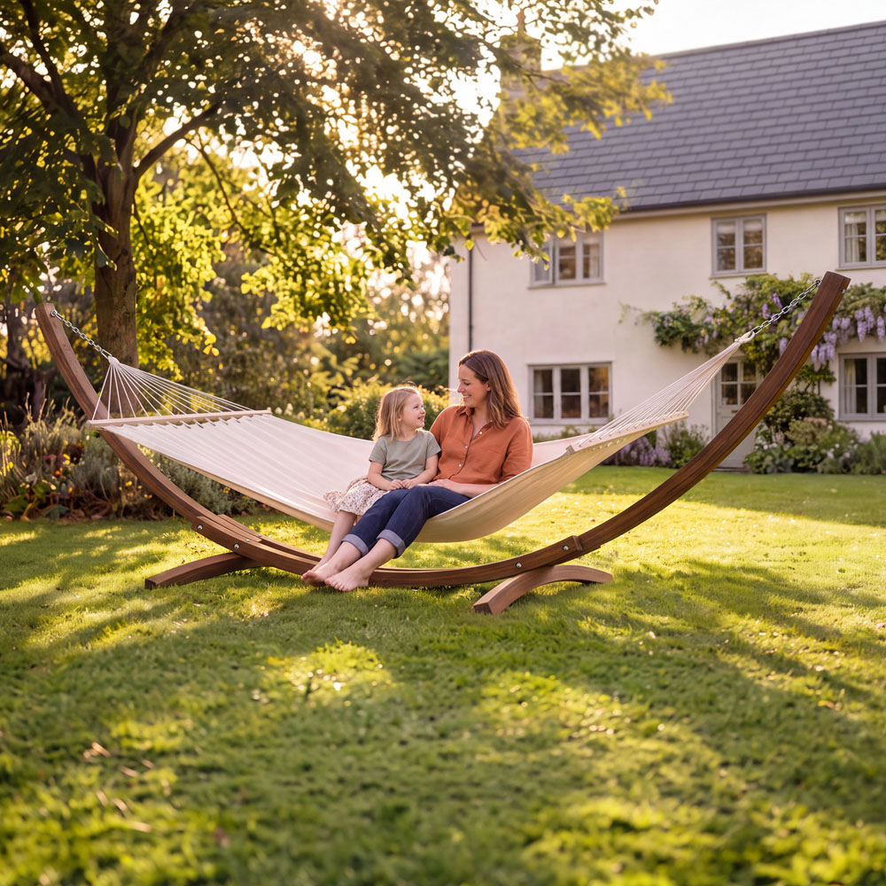 Charles Bentley Cream Canvas Extra Large Hammock with Wooden Arc Stand Image 8
